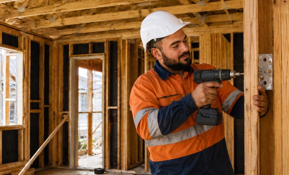 A worker in a hard hat drilling into the timber frame of a house under construction
