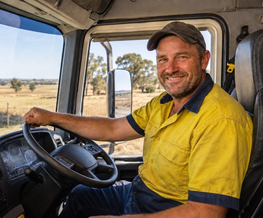 A truck driver smiling at the wheel of a cab, farmland through the windscreen